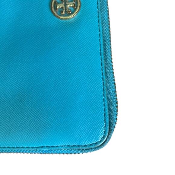 EUC Tory Burch Robinson Continental Zip Leather Wallet Turquoise & Gold Accents - Picture 5 of 6
